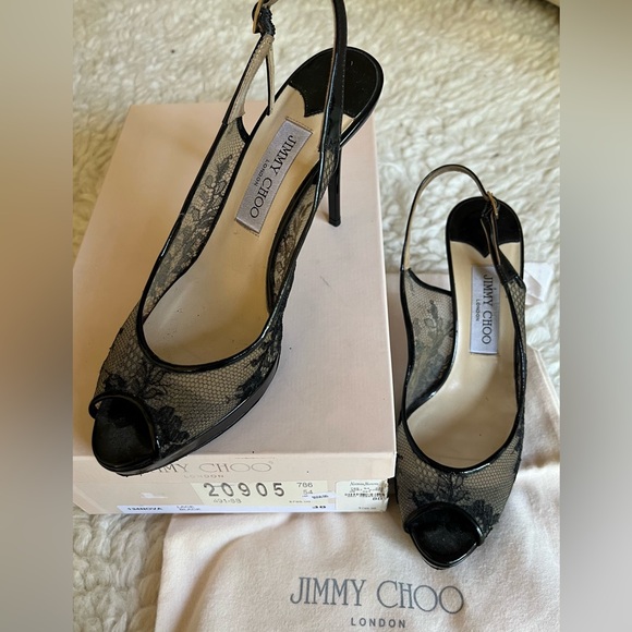 Jimmy Choo Nova 100mm Black Floral Lace Mesh Slingback Peep Toe Sandal Heels 38 - Picture 3 of 12